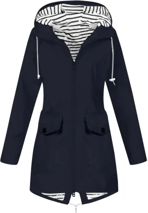 Women's Hooded Rain Jacket Lightweight Windbreaker with Drawstring Waist and Striped Light Rain Jacket Women