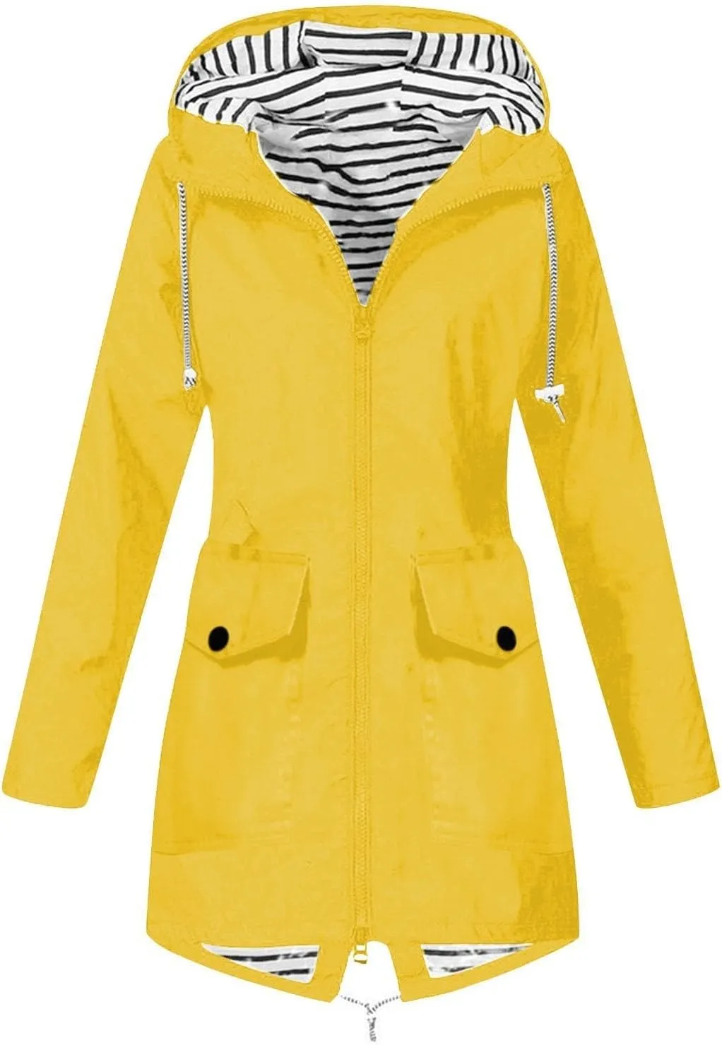 Women's Hooded Rain Jacket Lightweight Windbreaker with Drawstring Waist and Striped Light Rain Jacket Women