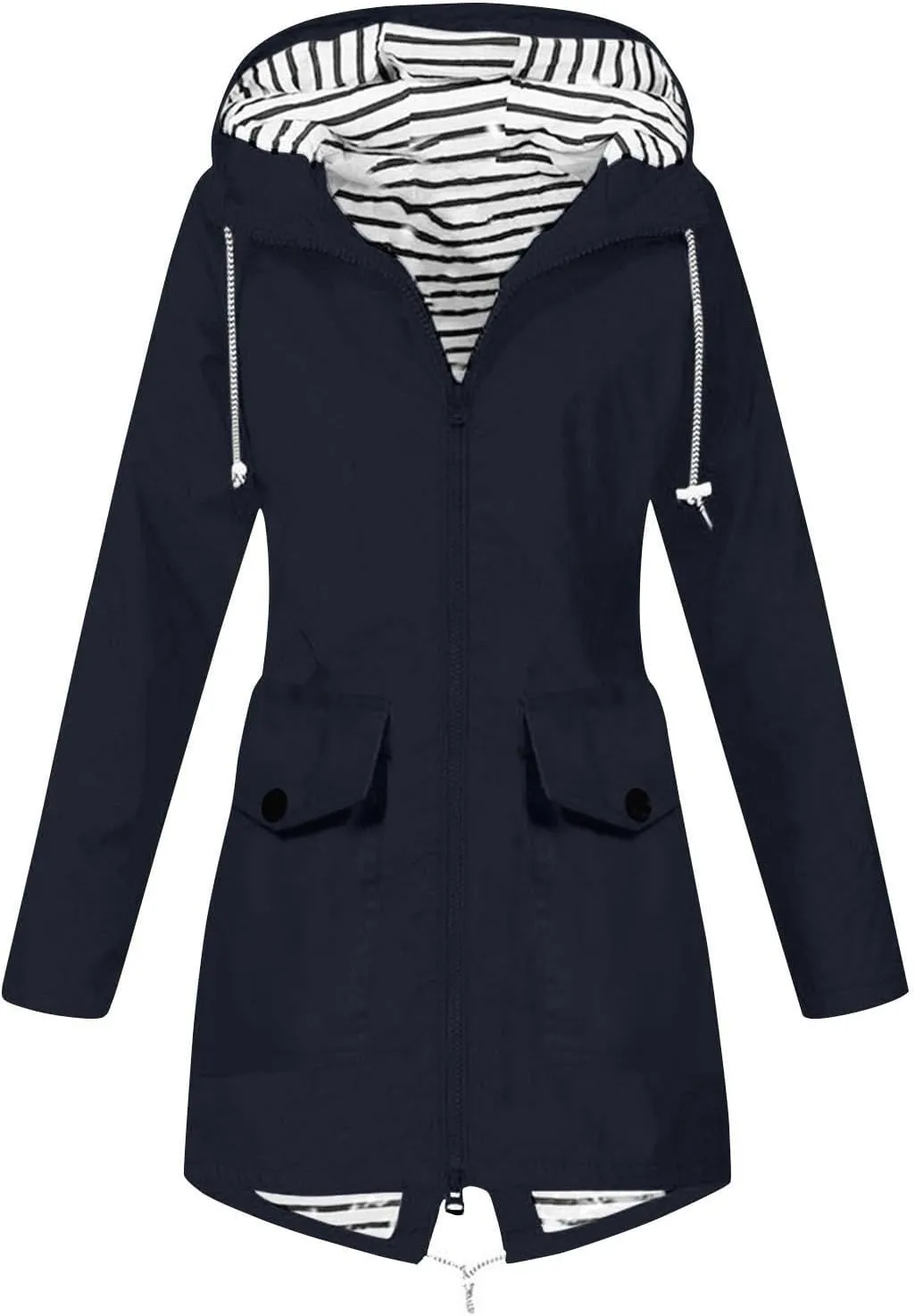 Women's Hooded Rain Jacket Lightweight Windbreaker with Drawstring Waist and Striped Light Rain Jacket Women