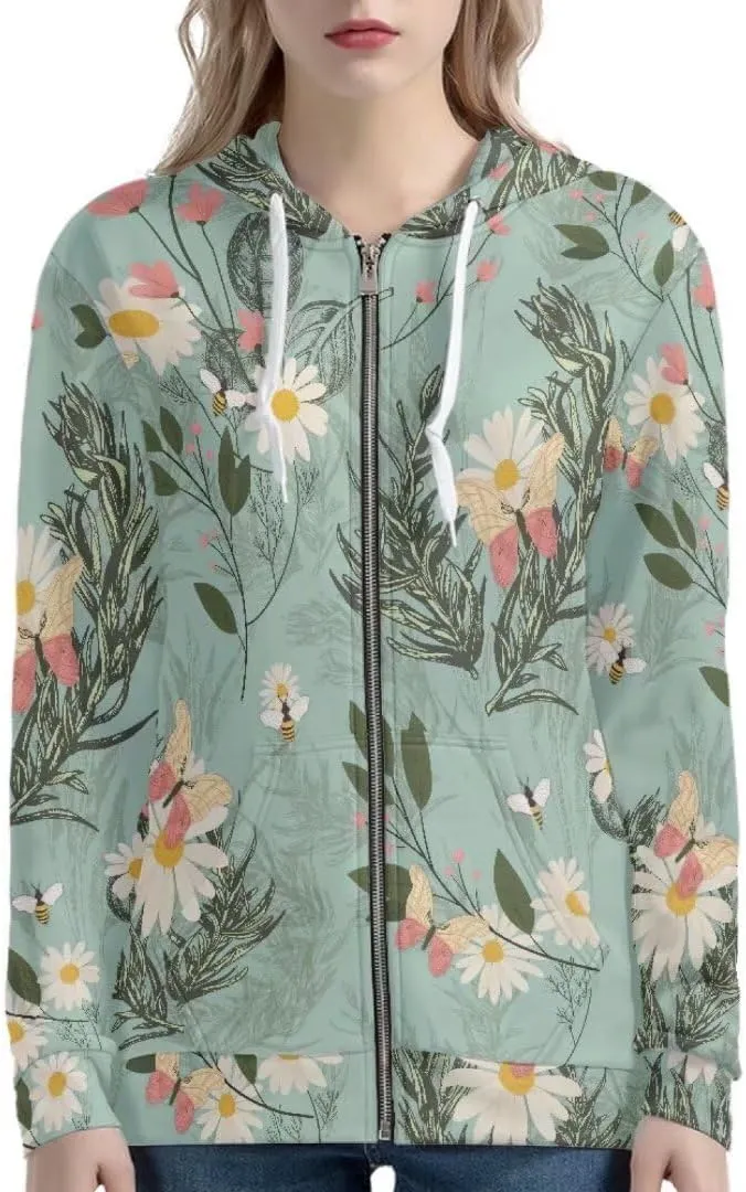 Womens Hooded Sweatshirts Full Zip Up Hoodies Spring Fall Cute Hoodie Outwear With Pockets