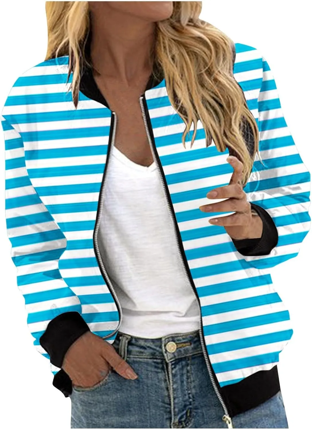 Womens Jackets Striped Print Zip Up Long Sleeve Coat Lightweight Jackets with Pocket Casual Coat 2024 Fall Fashion