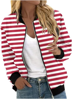 Womens Jackets Striped Print Zip Up Long Sleeve Coat Lightweight Jackets with Pocket Casual Coat 2024 Fall Fashion