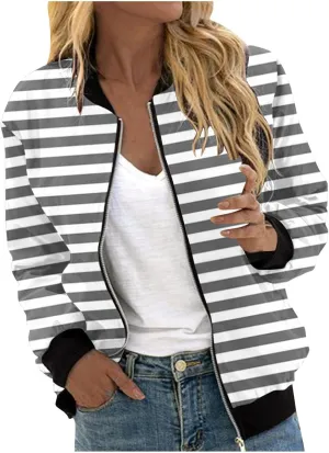 Womens Jackets Striped Print Zip Up Long Sleeve Coat Lightweight Jackets with Pocket Casual Coat 2024 Fall Fashion