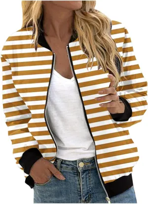 Womens Jackets Striped Print Zip Up Long Sleeve Coat Lightweight Jackets with Pocket Casual Coat 2024 Fall Fashion