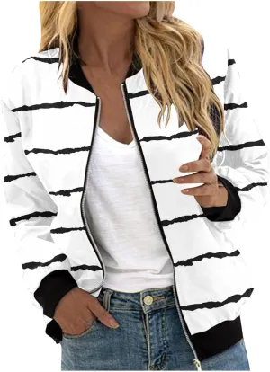 Womens Jackets Striped Print Zip Up Long Sleeve Coat Lightweight Jackets with Pocket Casual Coat 2024 Fall Fashion