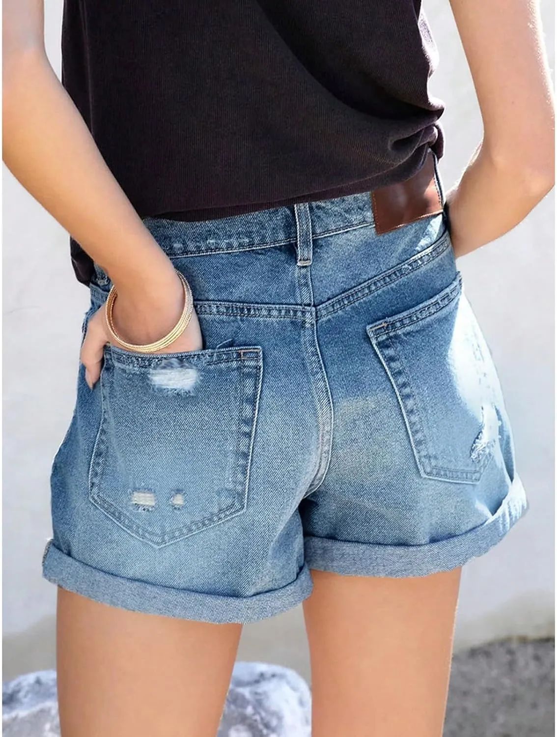Womens Jean Shorts High Waisted Ripped Stretchy Denim Shorts Casual Cute Frayed Rolled Hem Baggy Jorts with Pockets