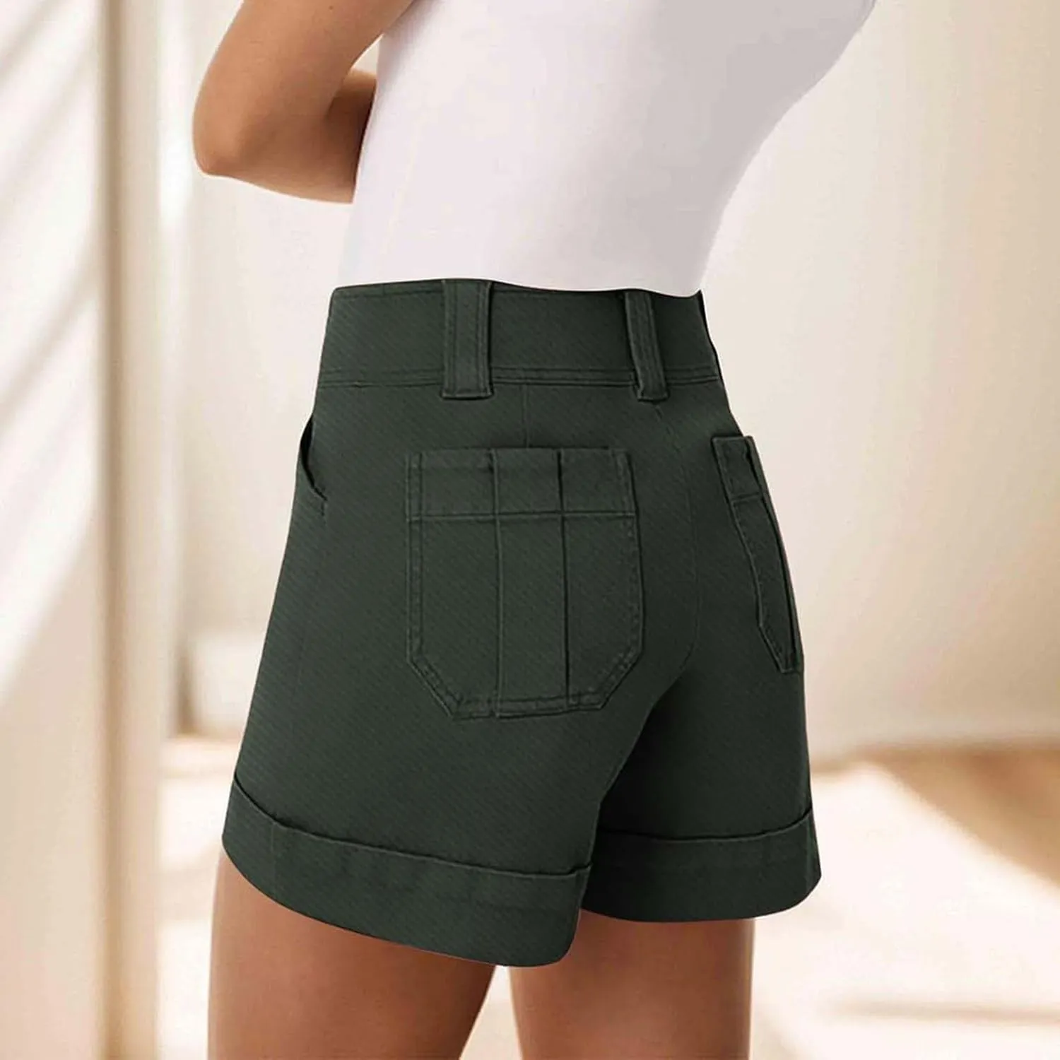 Women's Jean Shorts High Waisted Twill Folded Hem Short Pants Stretchy Button Down Trendy Summer Denim Shorts with Pockets