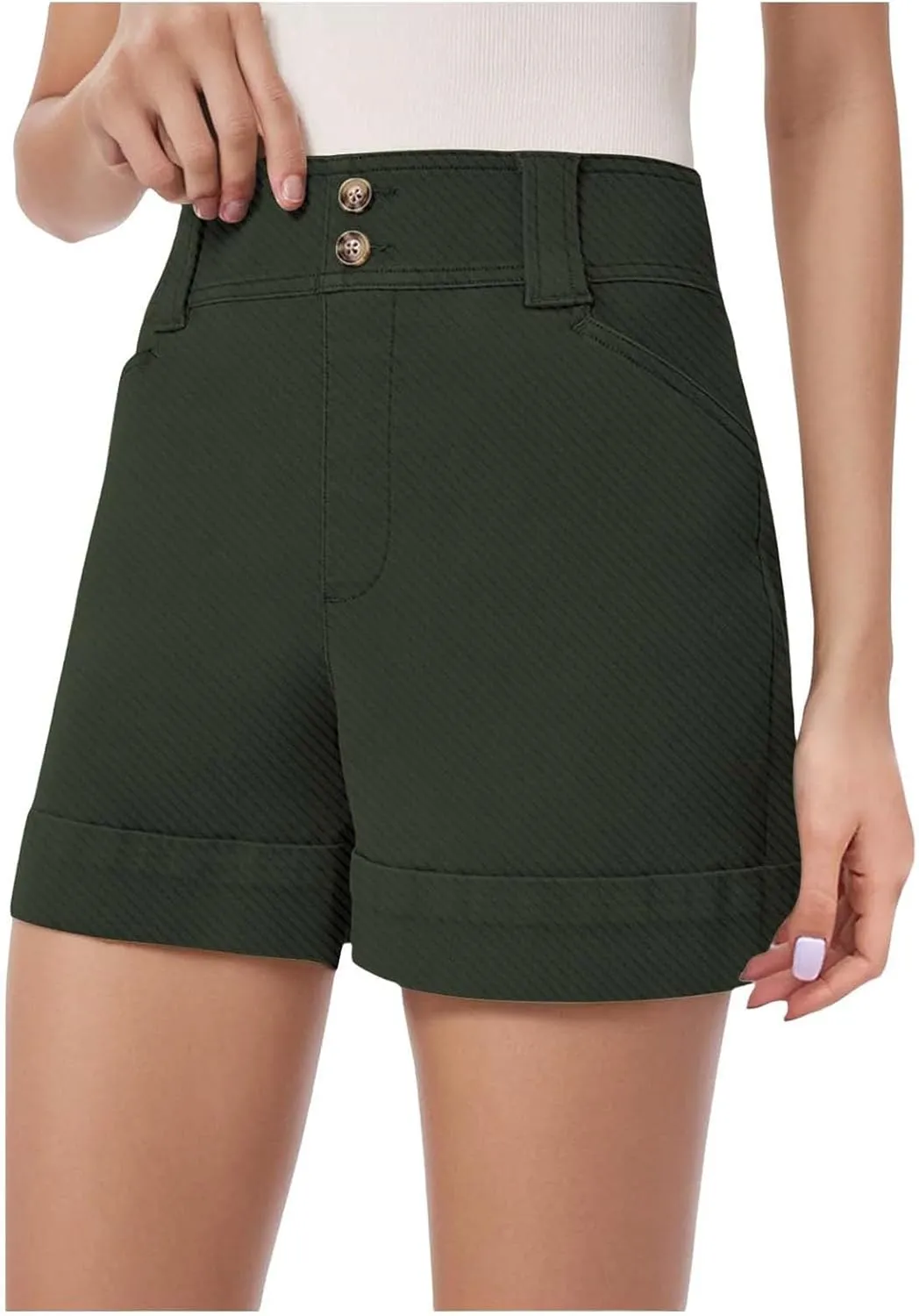 Women's Jean Shorts High Waisted Twill Folded Hem Short Pants Stretchy Button Down Trendy Summer Denim Shorts with Pockets