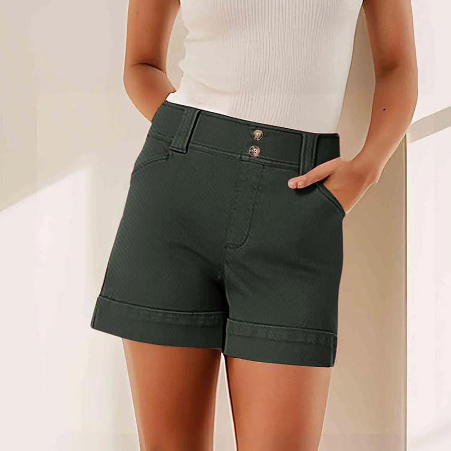Women's Jean Shorts High Waisted Twill Folded Hem Short Pants Stretchy Button Down Trendy Summer Denim Shorts with Pockets