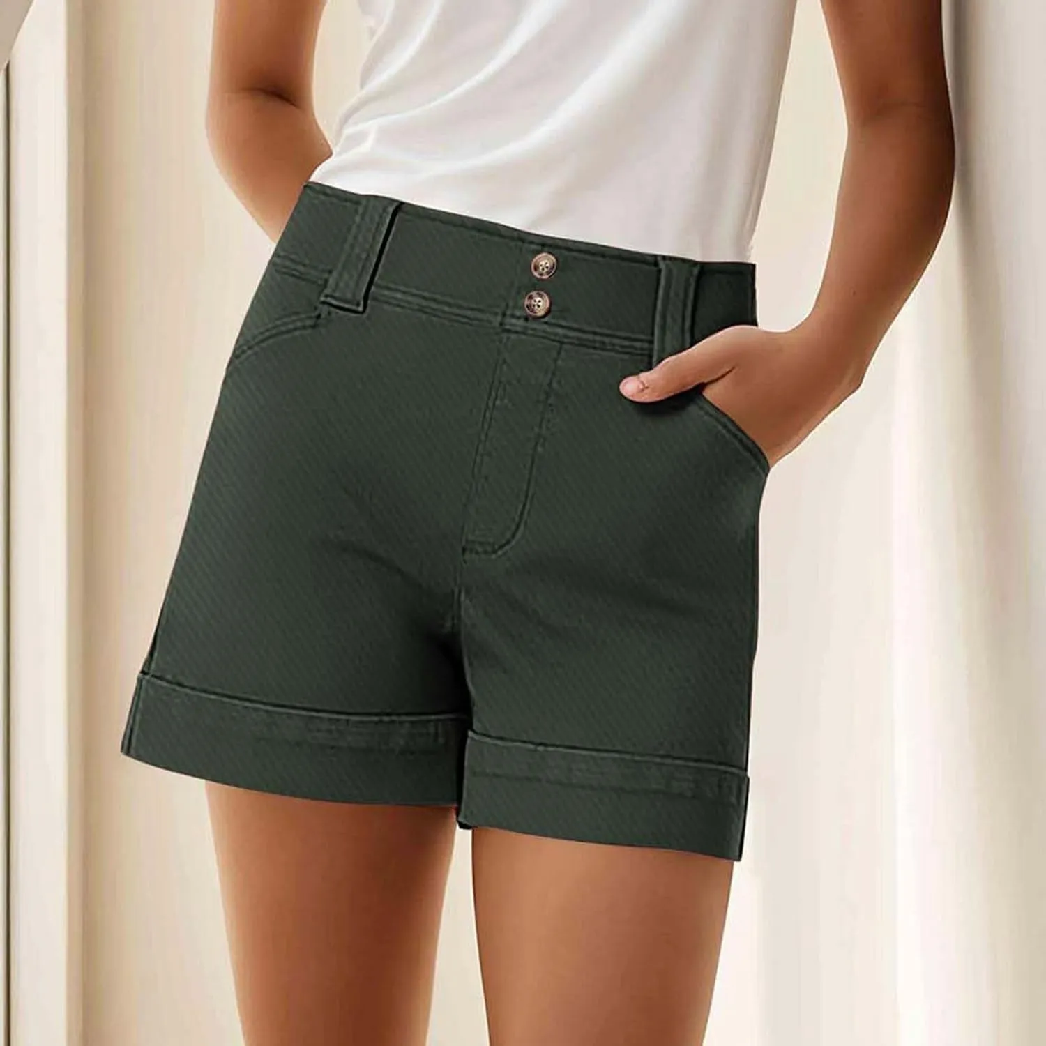 Women's Jean Shorts High Waisted Twill Folded Hem Short Pants Stretchy Button Down Trendy Summer Denim Shorts with Pockets