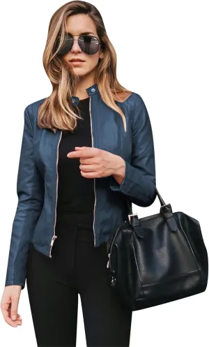 Women's Long Sleeve Fall Jacket Zipper Solid Blazer Patchwork Button Down Faux Leather Coat