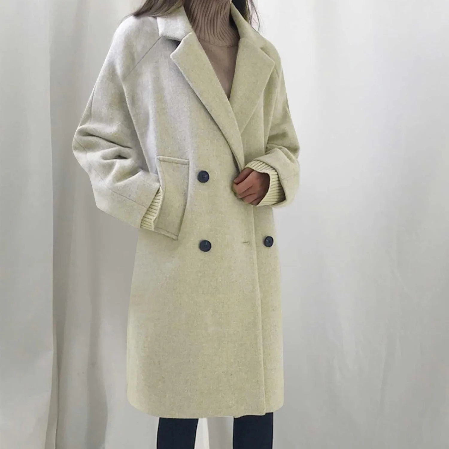 Women's Notch Lapel Double Breasted Wool Blend Mid-Length Trench Coat Winter Warm Overcoat Jacket Pea Coats with Pockets