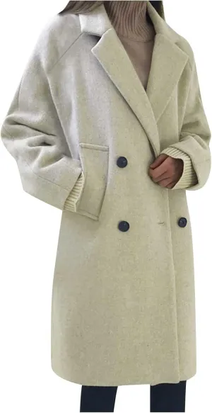 Women's Notch Lapel Double Breasted Wool Blend Mid-Length Trench Coat Winter Warm Overcoat Jacket Pea Coats with Pockets
