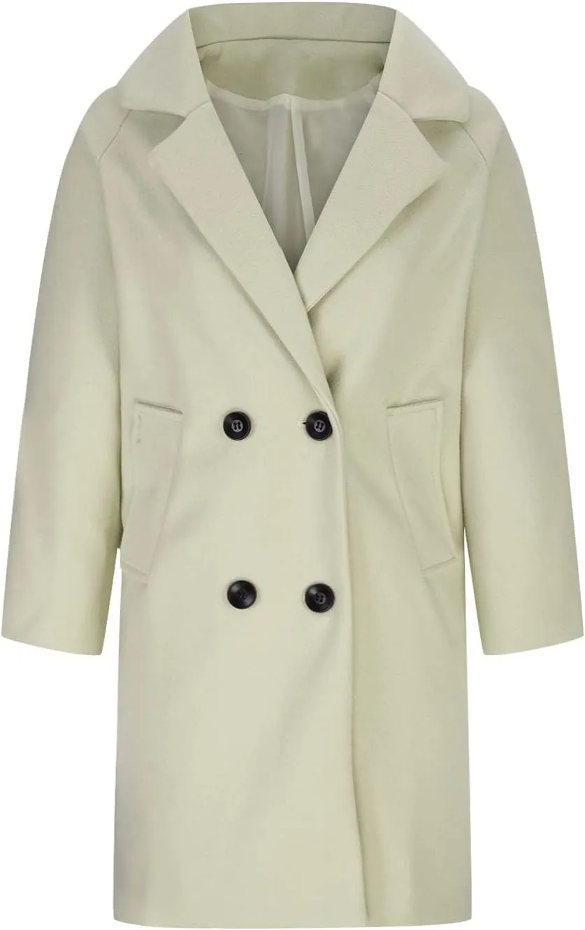 Women's Notch Lapel Double Breasted Wool Blend Mid-Length Trench Coat Winter Warm Overcoat Jacket Pea Coats with Pockets
