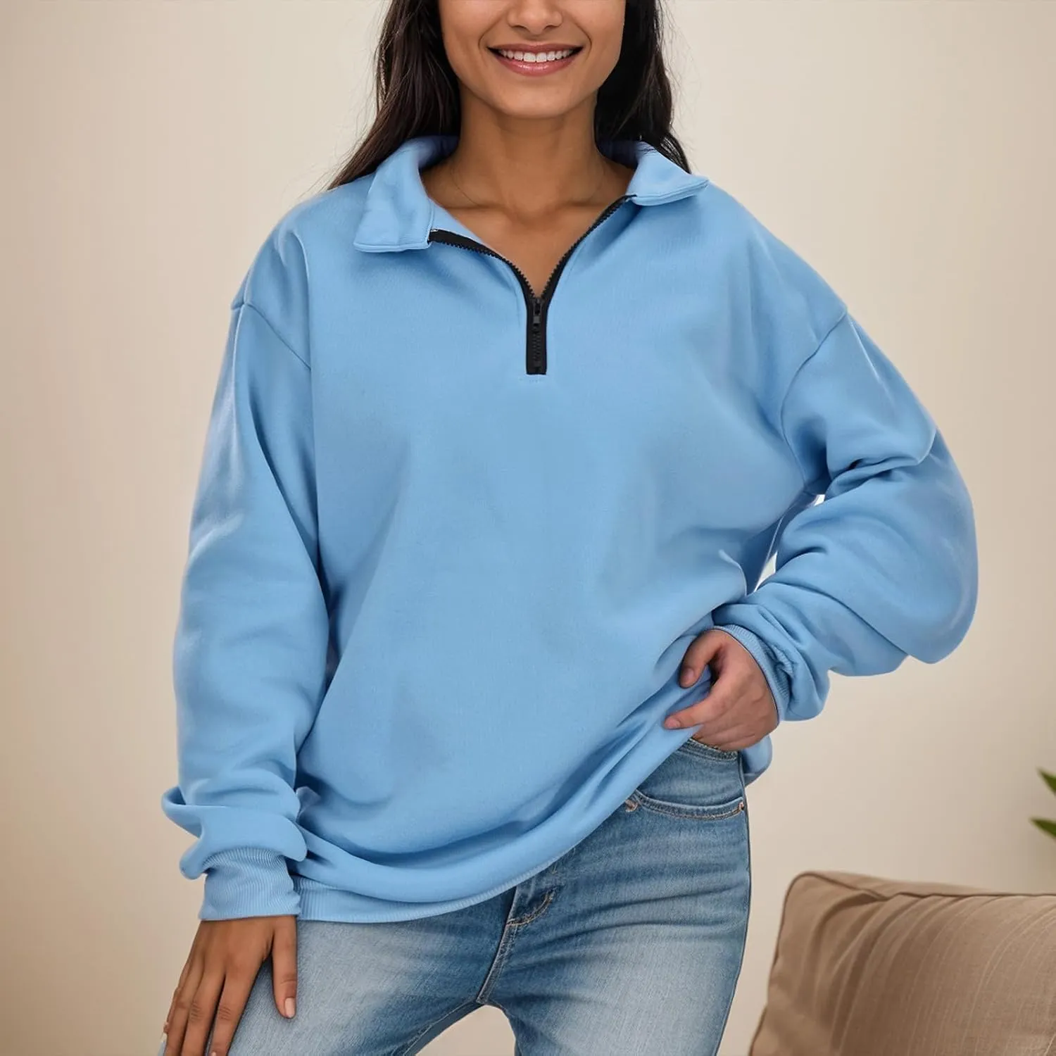Womens Oversized Half Zip Pullover Casual Long Sleeve Sweatshirt Quarter Zip Trendy Teen Girls Fall Y2k Clothes