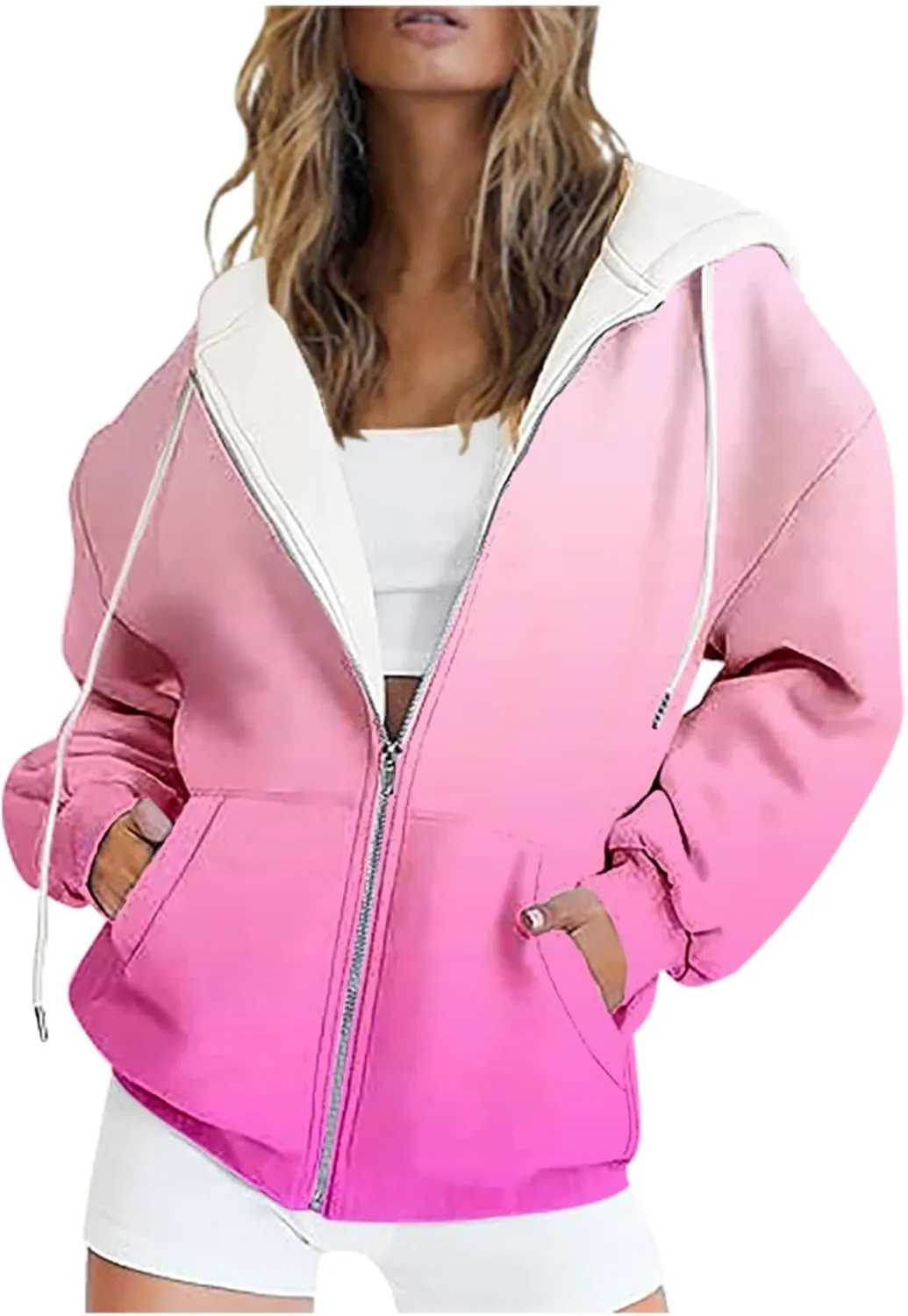 Women's Oversized Zip Up Hoodies Coat Fall Plus Size Sweatshirts Casual Activewear Drawstring Jackets with Pockets