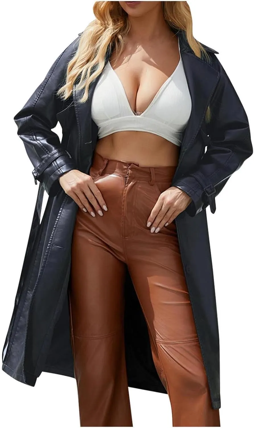 Women's PU Faux Leather Trench Coat Lapel Single Breasted Long Jacket Windproof Overcoat with Belt Fall Winter Clothes
