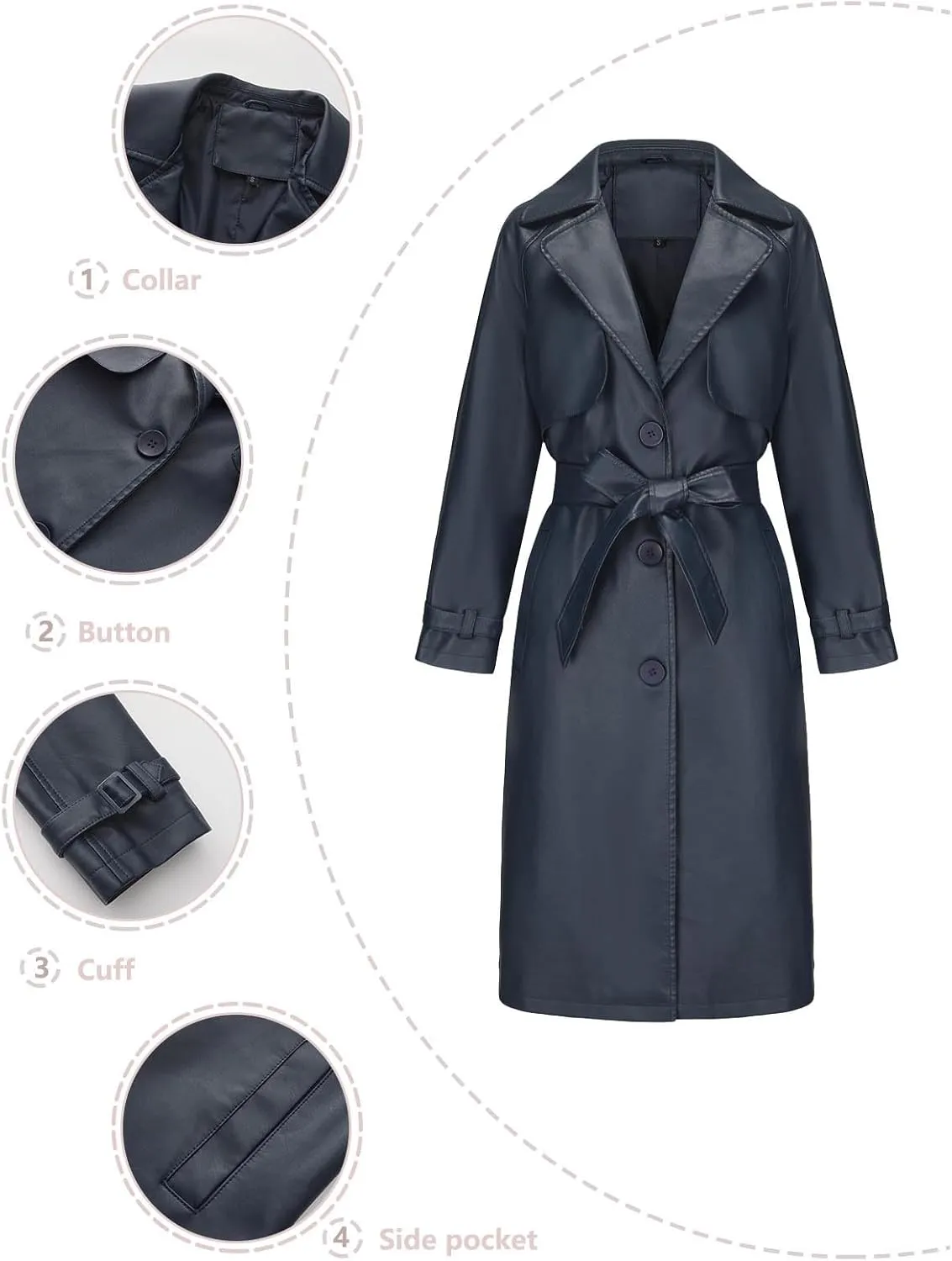 Women's PU Faux Leather Trench Coat Lapel Single Breasted Long Jacket Windproof Overcoat with Belt Fall Winter Clothes