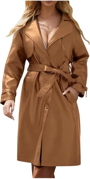 Women's PU Faux Leather Trench Coat Lapel Single Breasted Long Jacket Windproof Overcoat with Belt Fall Winter Clothes