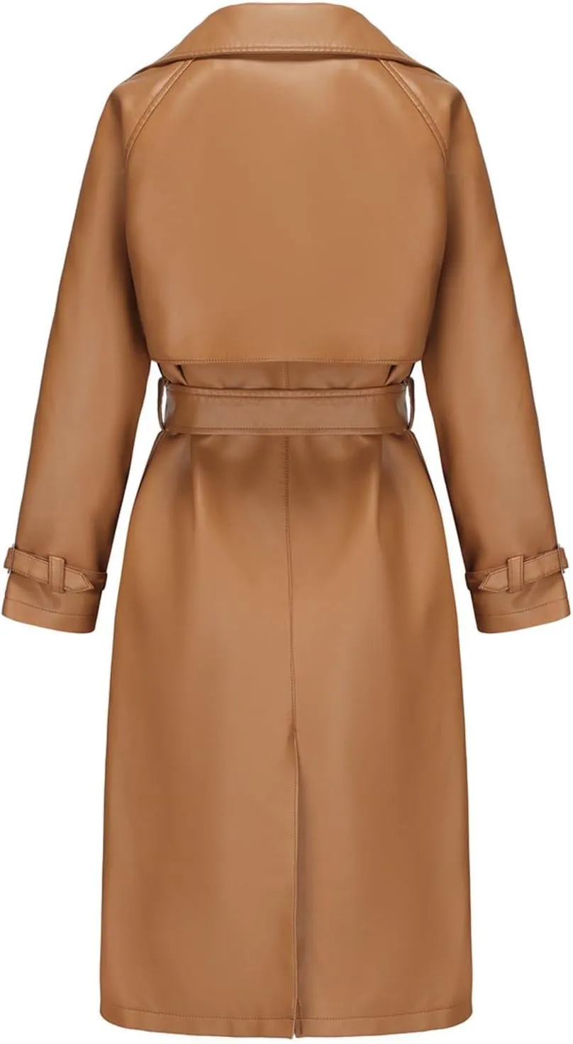 Women's PU Faux Leather Trench Coat Lapel Single Breasted Long Jacket Windproof Overcoat with Belt Fall Winter Clothes