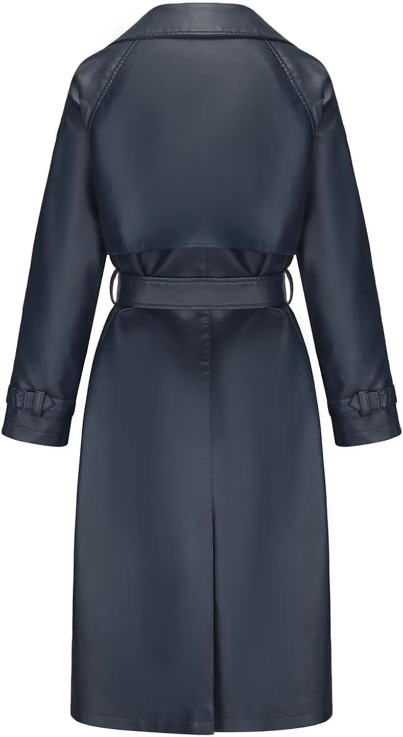 Women's PU Faux Leather Trench Coat Lapel Single Breasted Long Jacket Windproof Overcoat with Belt Fall Winter Clothes
