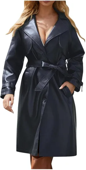 Women's PU Faux Leather Trench Coat Lapel Single Breasted Long Jacket Windproof Overcoat with Belt Fall Winter Clothes