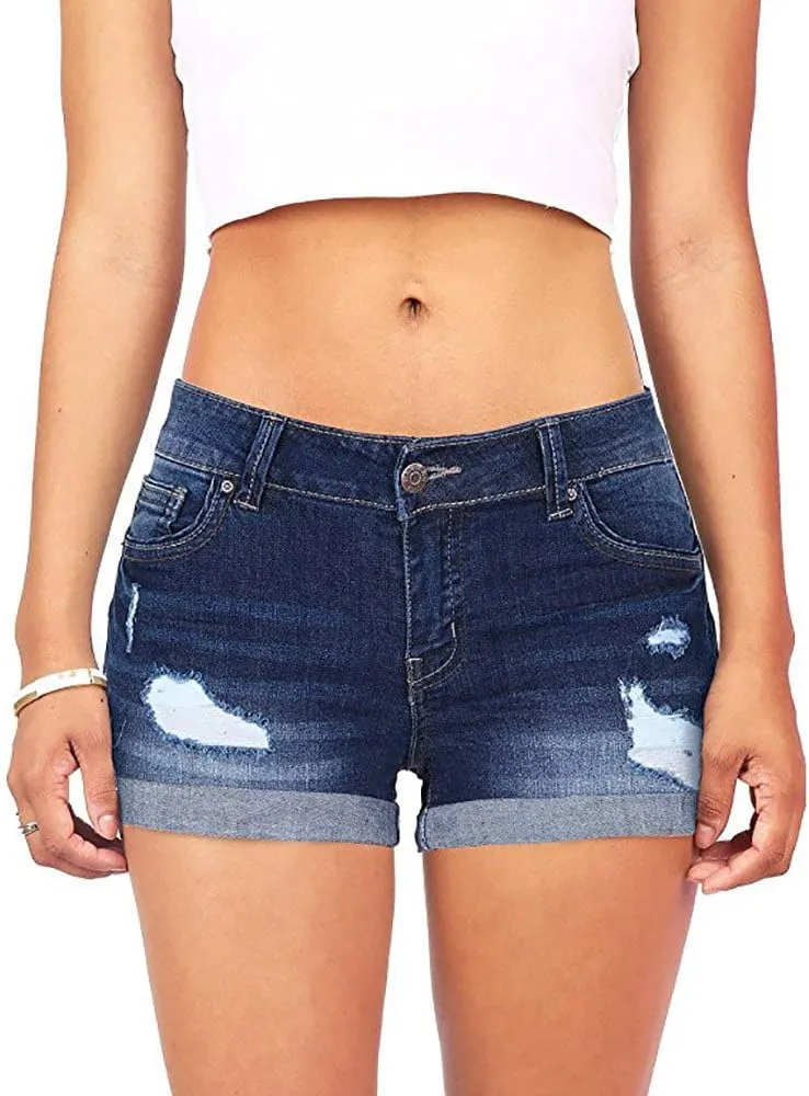 Womens Ripped Denim Shorts Mid Rise Stretchy Distressed Jean Shorts Casual Trendy Frayed Raw Hem Summer Mini Shorts