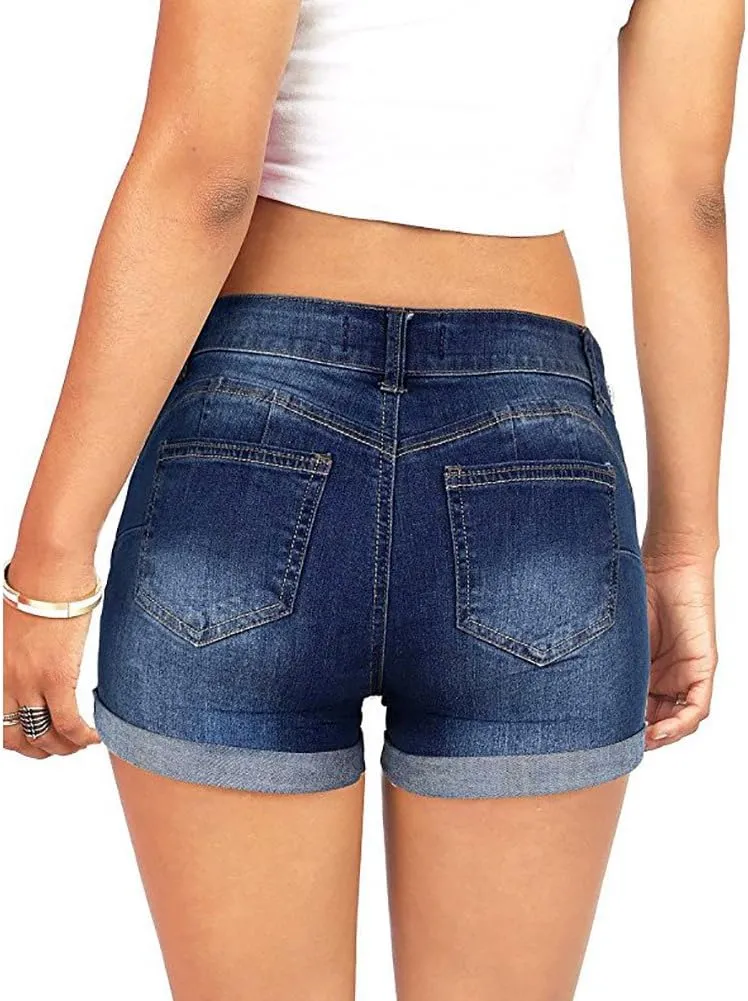 Womens Ripped Denim Shorts Mid Rise Stretchy Distressed Jean Shorts Casual Trendy Frayed Raw Hem Summer Mini Shorts