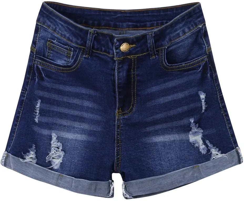 Womens Ripped Denim Shorts Mid Rise Stretchy Distressed Jean Shorts Casual Trendy Frayed Raw Hem Summer Mini Shorts