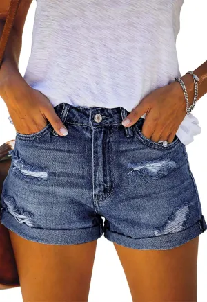 Women's Ripped High Waisted Denim Shorts Stretchy Cuffed Hem Jean Shorts