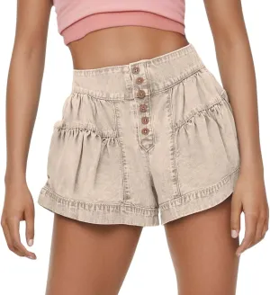Womens Summer Flowy Jean Short Button Up High Waisted Wide Leg Denim Skort Pleated Ruffle Stretchy Short with Pockets