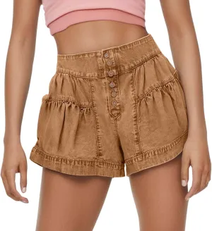 Womens Summer Flowy Jean Short Button Up High Waisted Wide Leg Denim Skort Pleated Ruffle Stretchy Short with Pockets