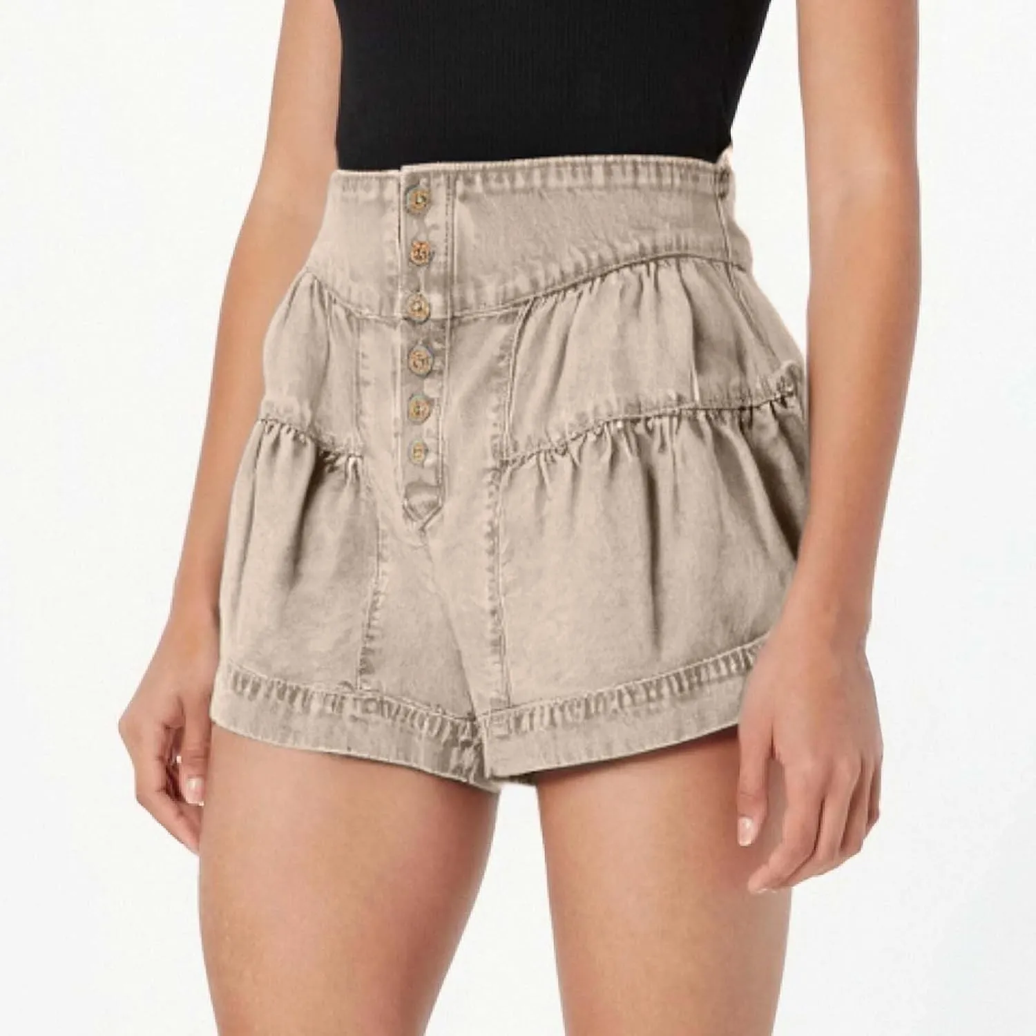 Womens Summer Flowy Jean Short Button Up High Waisted Wide Leg Denim Skort Pleated Ruffle Stretchy Short with Pockets