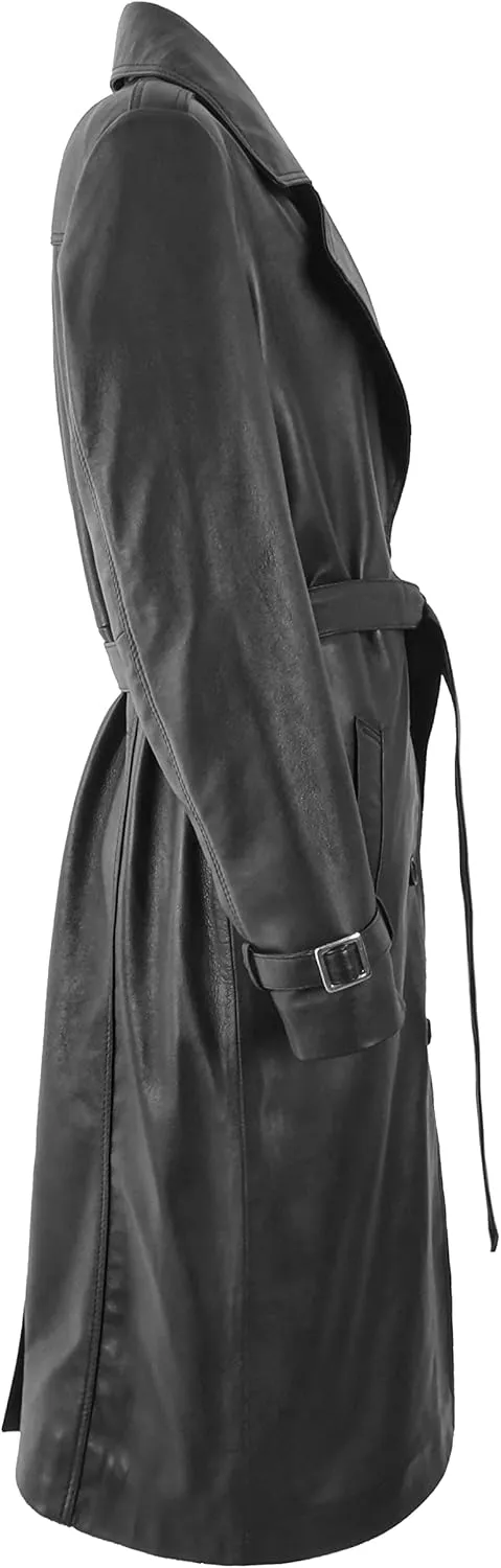 Womens Trench Coat Black Leather Lapel Collared Knee Length Long Coat Jacket 5922