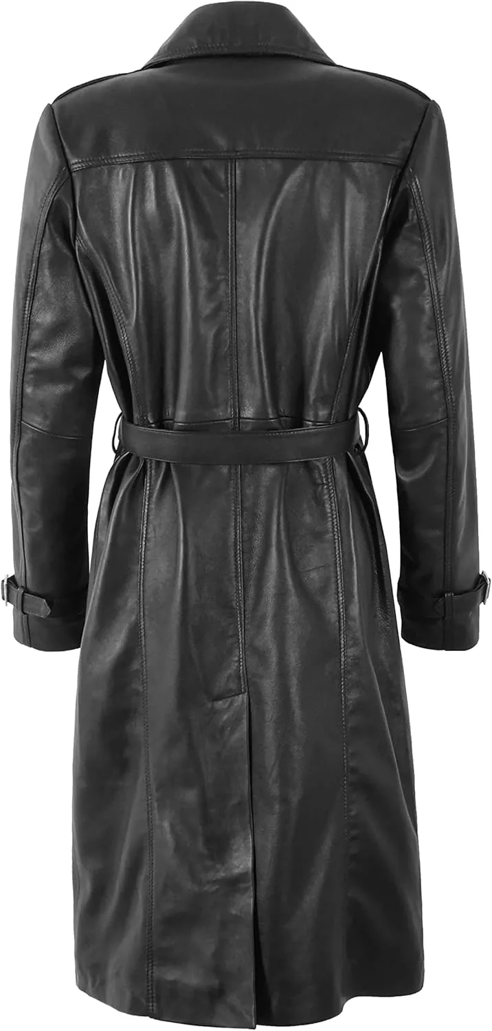 Womens Trench Coat Black Leather Lapel Collared Knee Length Long Coat Jacket 5922