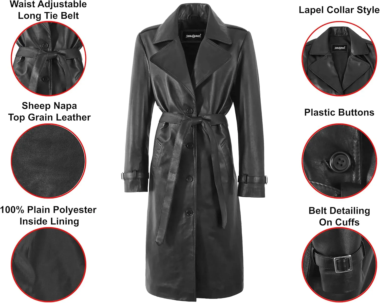 Womens Trench Coat Black Leather Lapel Collared Knee Length Long Coat Jacket 5922