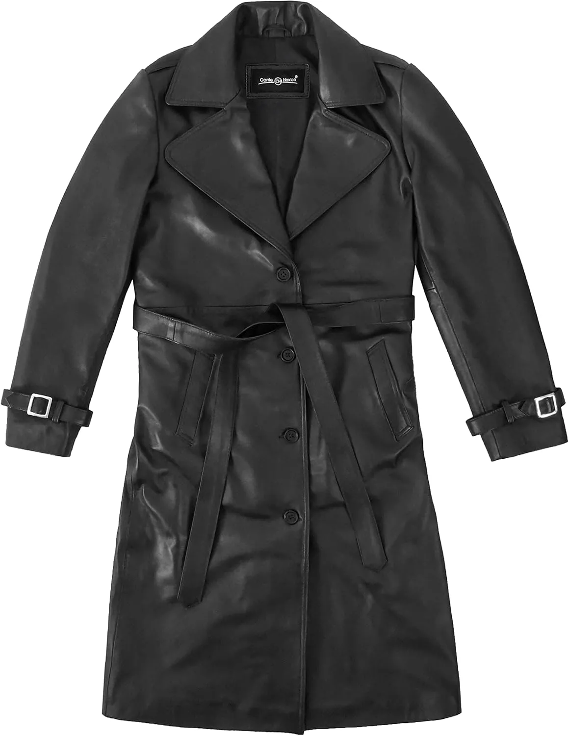 Womens Trench Coat Black Leather Lapel Collared Knee Length Long Coat Jacket 5922