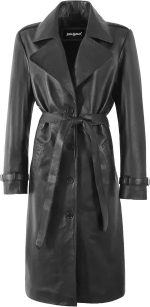 Womens Trench Coat Black Leather Lapel Collared Knee Length Long Coat Jacket 5922