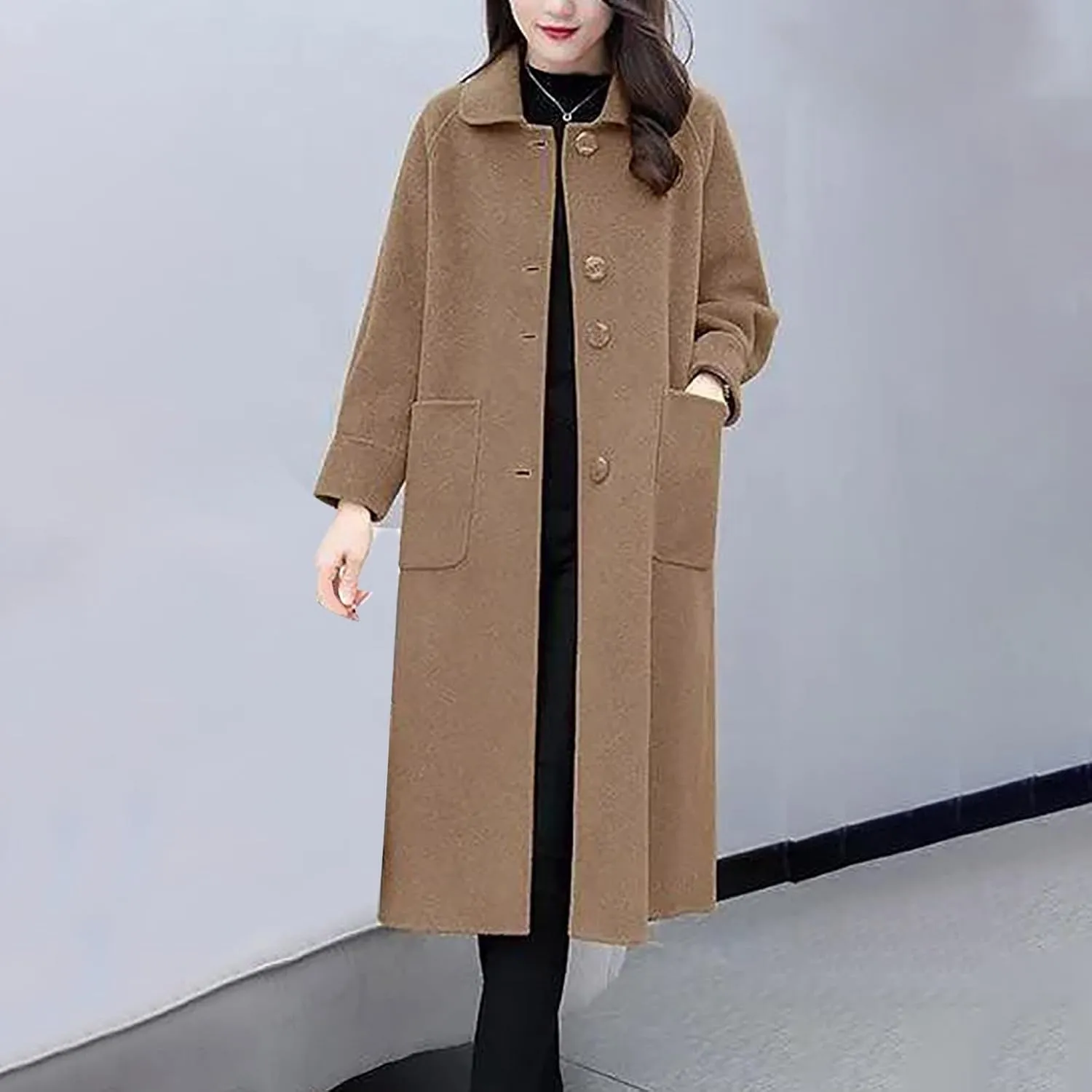 Womens Trench Coat Long Single Breasted Coat Wool Blend Overcoat Plus Size Pea Coat Open Front Cardigan Fashion Outfits