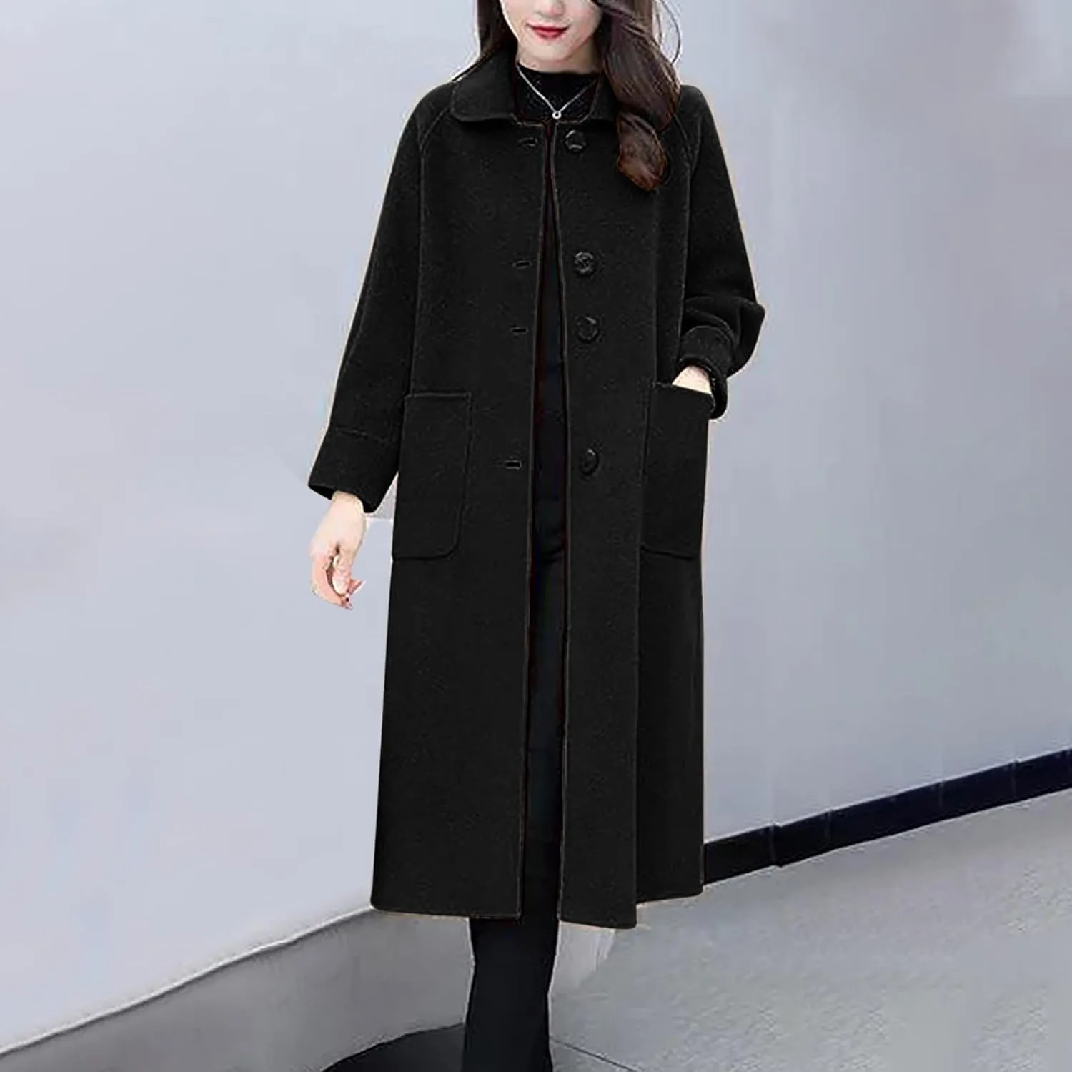 Womens Trench Coat Long Single Breasted Coat Wool Blend Overcoat Plus Size Pea Coat Open Front Cardigan Fashion Outfits