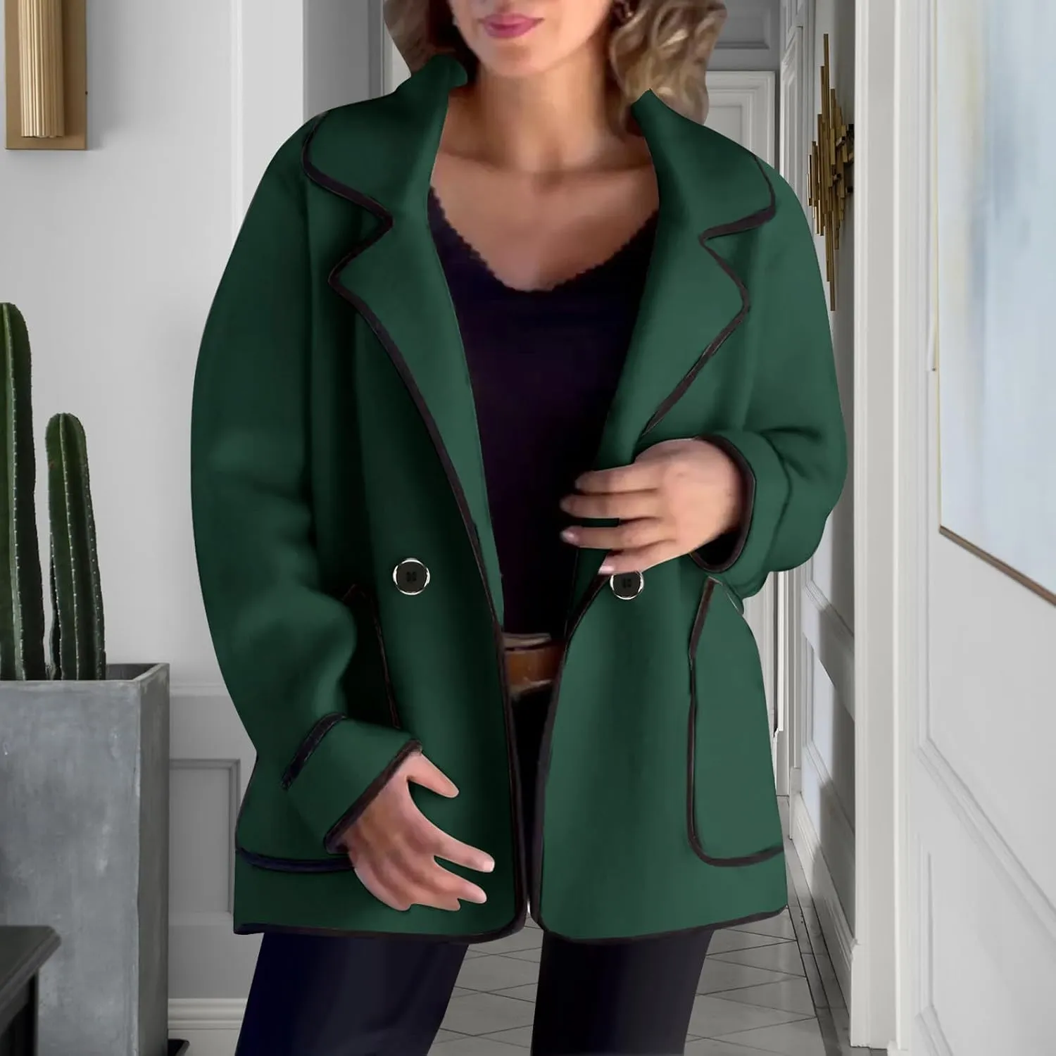 Womens Trench Coat Mid Length Western Coat Notch Lapel Blazer Button Pea Coat Open Front Cardigan Dressy Casual Jackets