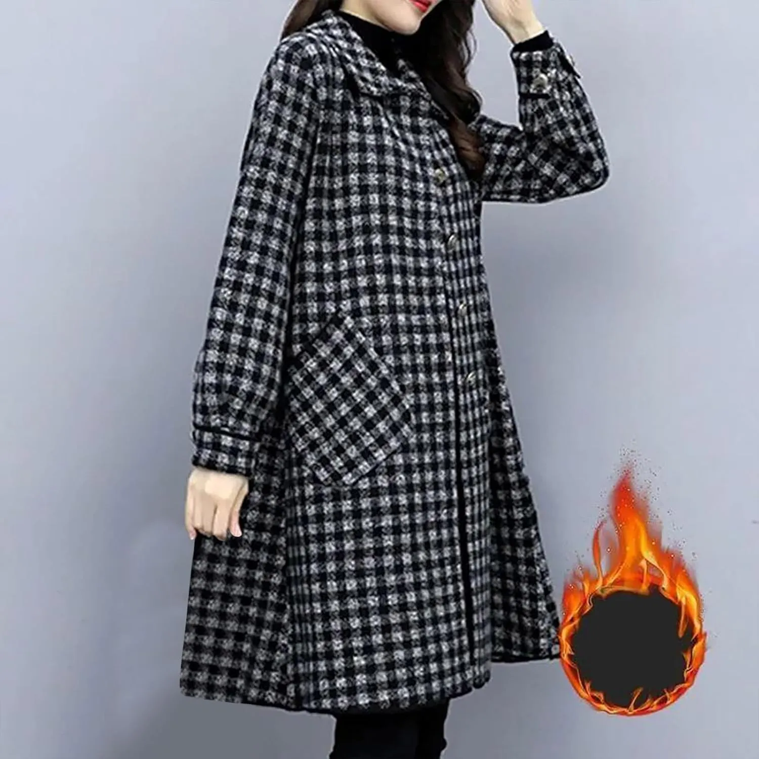 Women's Trench Coats Plaid Single Breasted Coat Lapel Pea Coat Plus Size Wool Blend Coats Casual Work Jackets