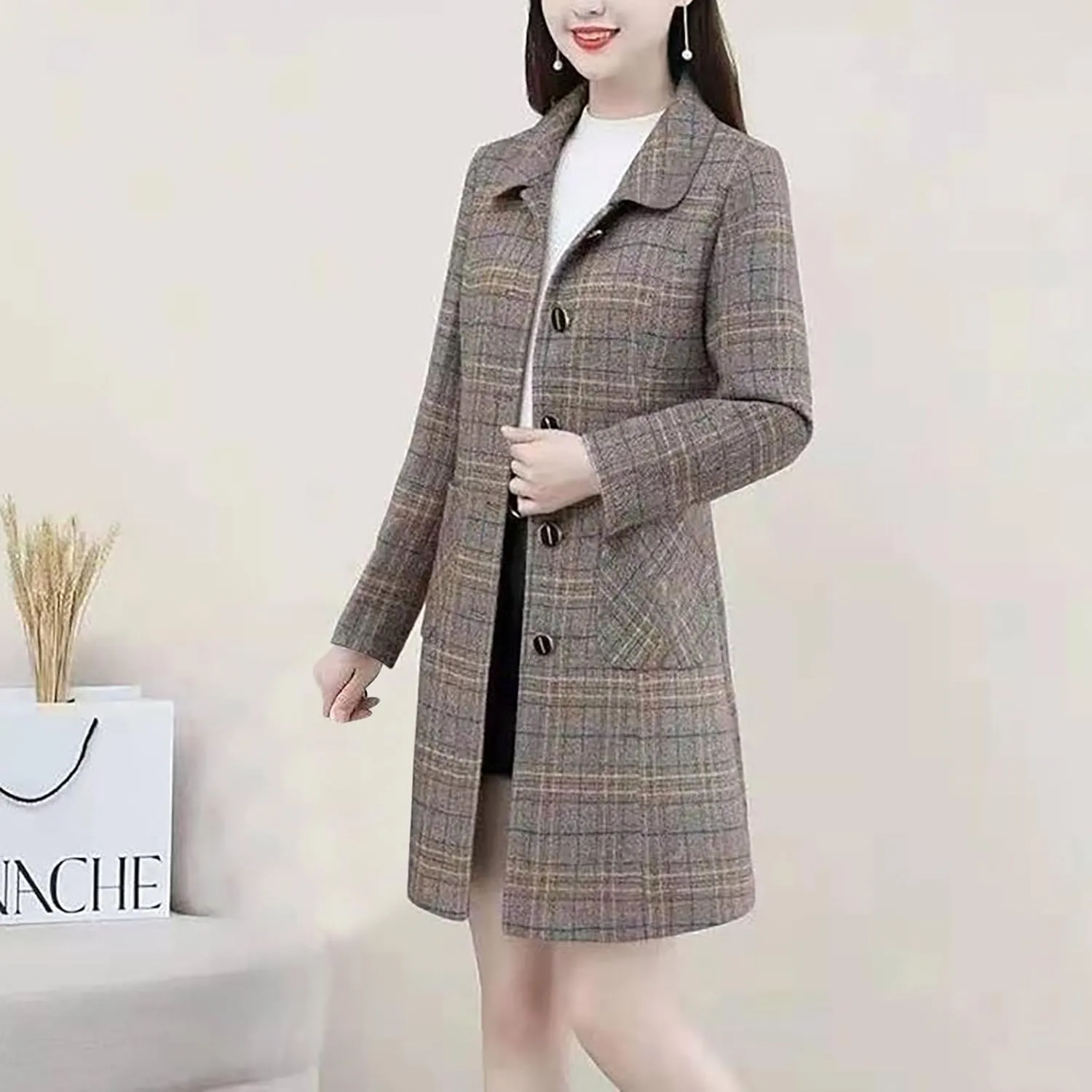 Women's Trench Coats Plaid Single Breasted Coat Lapel Pea Coat Plus Size Wool Blend Coats Casual Work Jackets