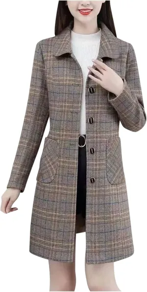 Women's Trench Coats Plaid Single Breasted Coat Lapel Pea Coat Plus Size Wool Blend Coats Casual Work Jackets