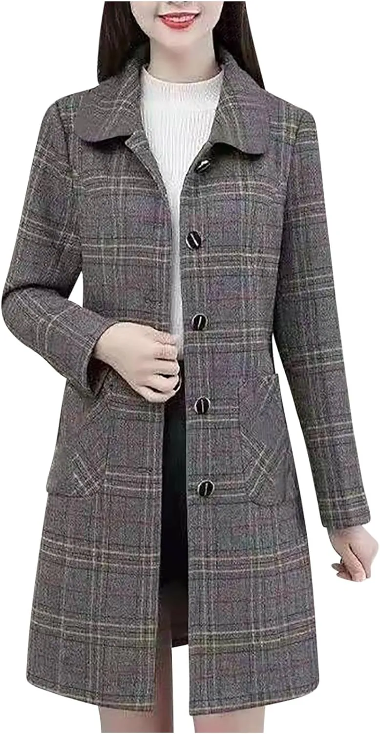 Women's Trench Coats Plaid Single Breasted Coat Lapel Pea Coat Plus Size Wool Blend Coats Casual Work Jackets