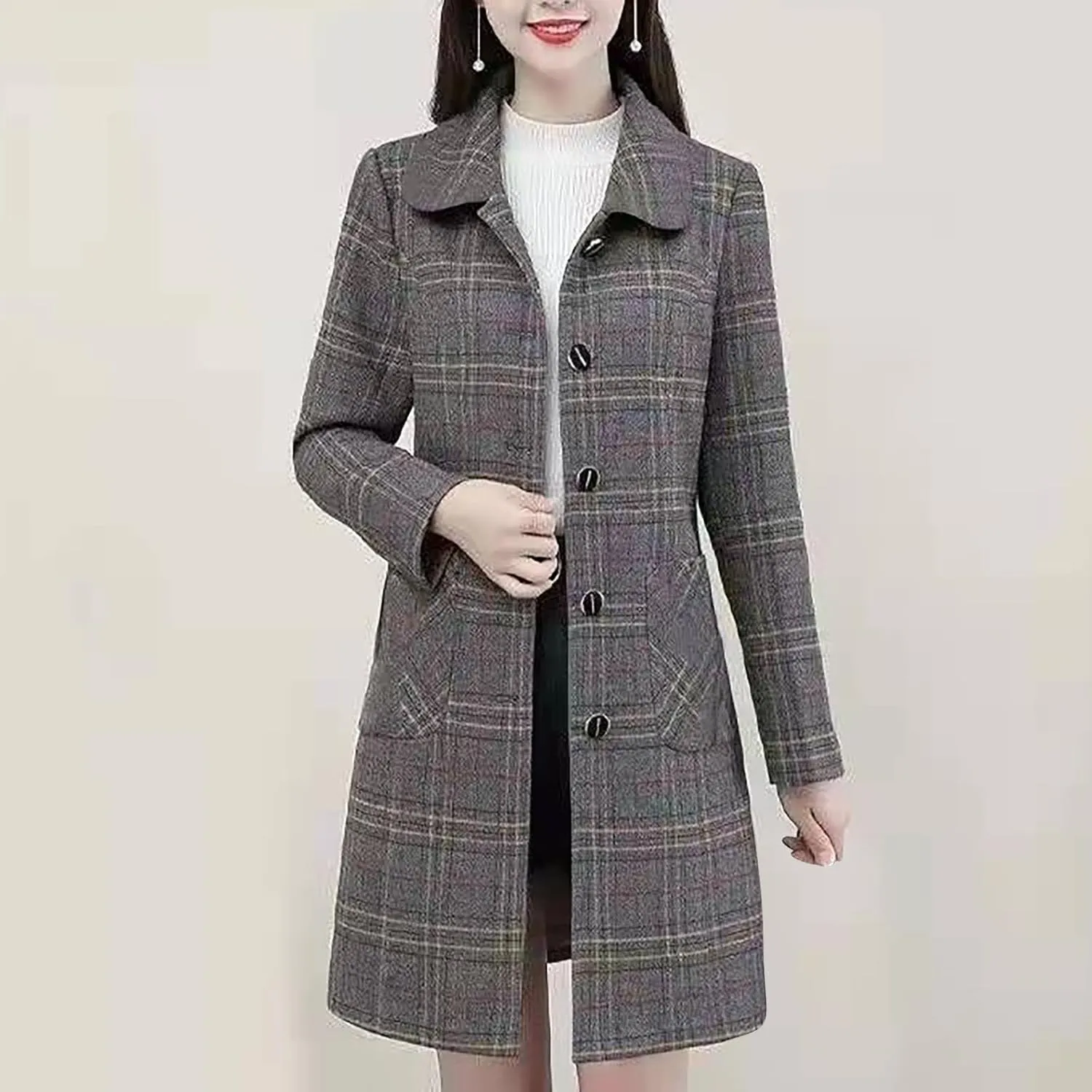 Women's Trench Coats Plaid Single Breasted Coat Lapel Pea Coat Plus Size Wool Blend Coats Casual Work Jackets
