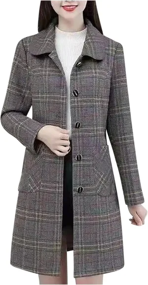 Women's Trench Coats Plaid Single Breasted Coat Lapel Pea Coat Plus Size Wool Blend Coats Casual Work Jackets