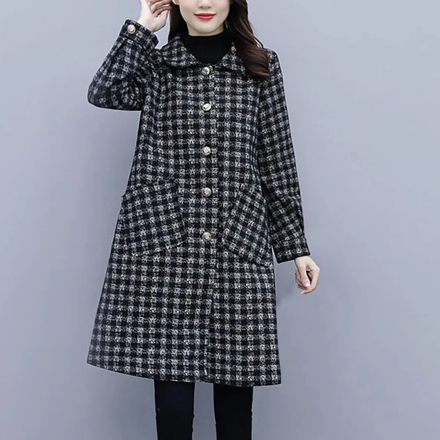 Women's Trench Coats Plaid Single Breasted Coat Lapel Pea Coat Plus Size Wool Blend Coats Casual Work Jackets