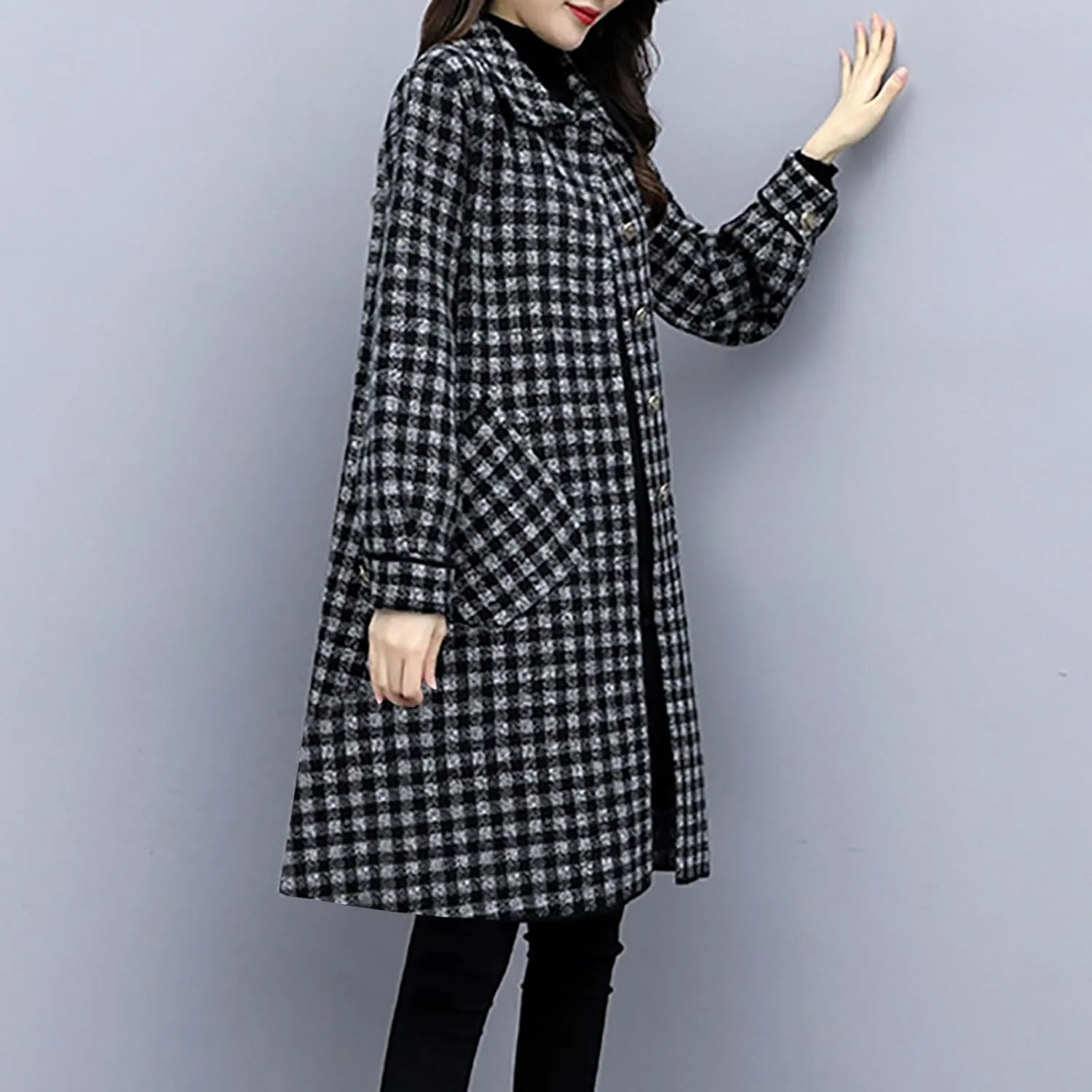 Women's Trench Coats Plaid Single Breasted Coat Lapel Pea Coat Plus Size Wool Blend Coats Casual Work Jackets