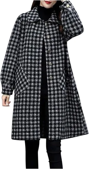 Women's Trench Coats Plaid Single Breasted Coat Lapel Pea Coat Plus Size Wool Blend Coats Casual Work Jackets